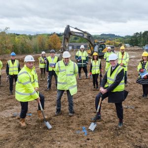 Ground-breaking ceremony at Signal Park, Daventry. Left to right: Neal Shegog (holding spade) Claymore Director, Councillor Chris Millar (standing in the middle) Daventry District Council, Peter Horrocks (holding spade) Chair of SEMLEP Board